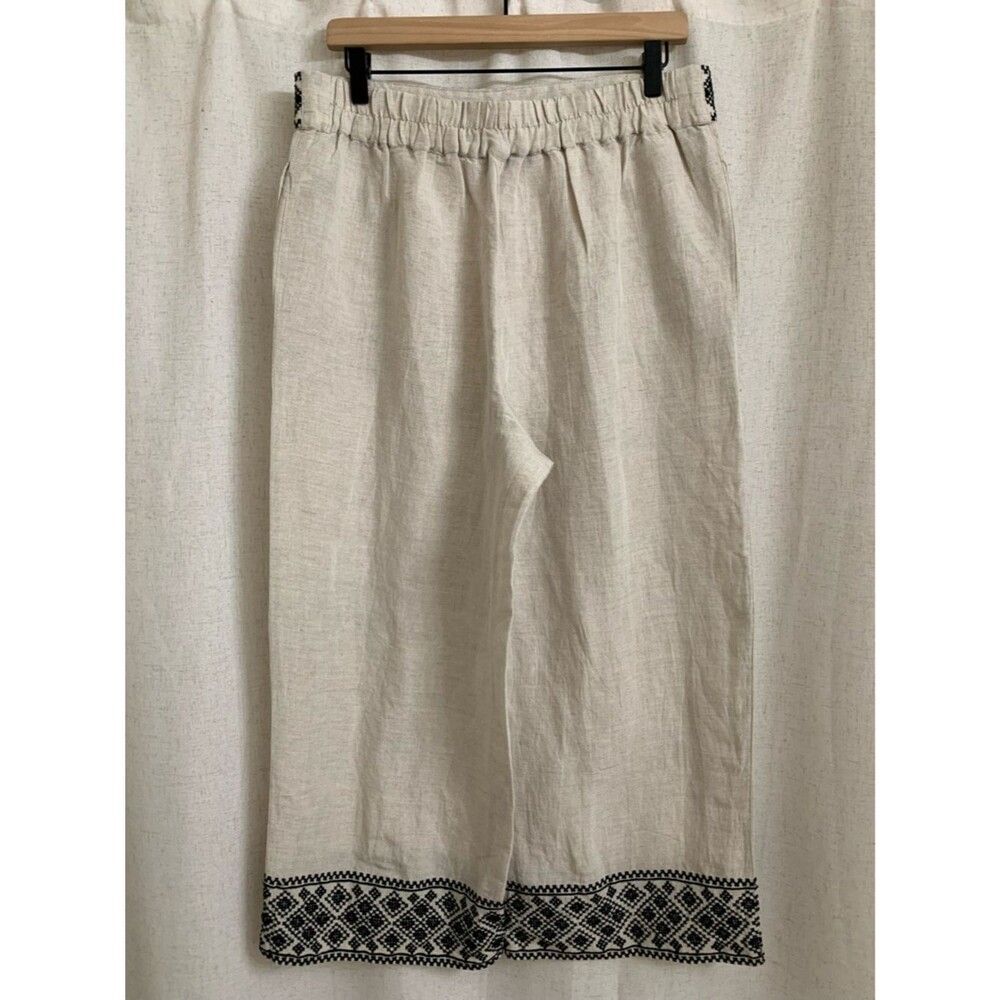 Boston Proper Malibu Embroidered Pull On Linen Blend Wide Leg Crop Cream Pant M - Picture 5 of 8